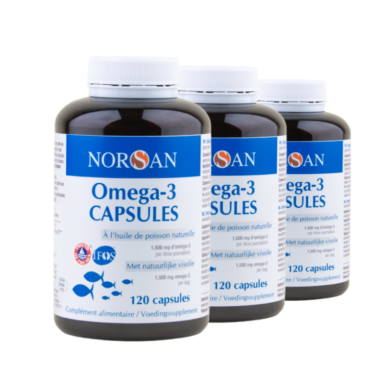 Oméga-3 capsules NORSAN - 120 capsules - Lot de 3 flacons face