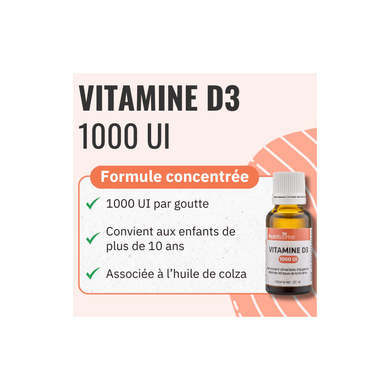 Vitamine D3 1000 UI - Huile - Lot de 3 flacons formule avancée +