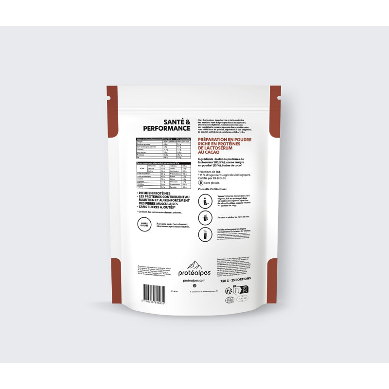 Achat Whey protéine goût cacao – SANS SUCRE AJOUTÉS verso