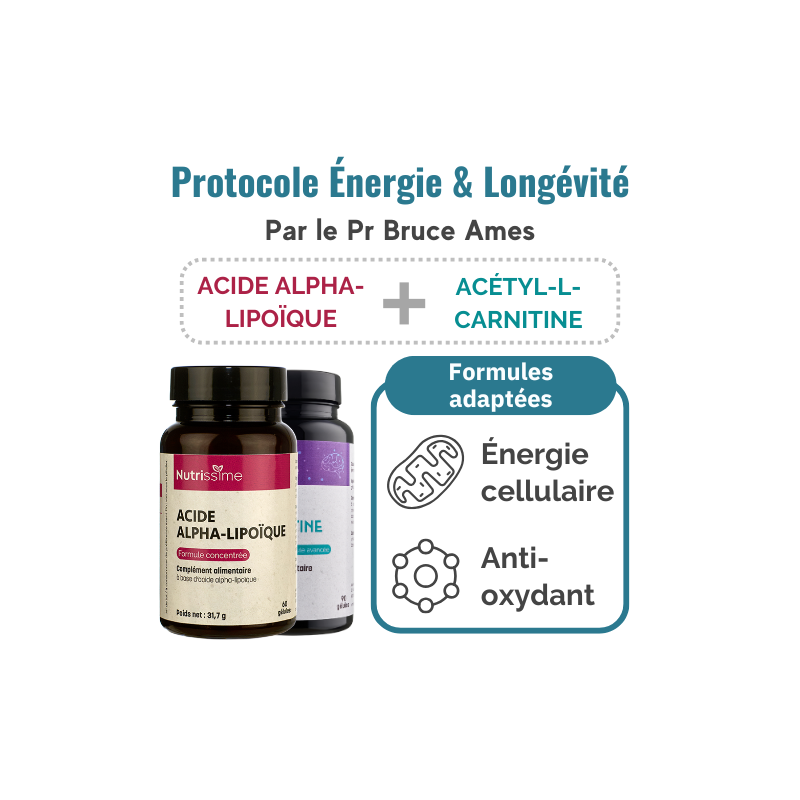 Achat Protocole Énergie et Longévité - Acide Alpha Lipoique + Acétyl -L- Carnitine - 2 flacons
