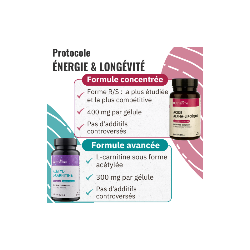 Achat Protocole Énergie et Longévité - Acide Alpha Lipoique + Acétyl -L- Carnitine - 2 flacons